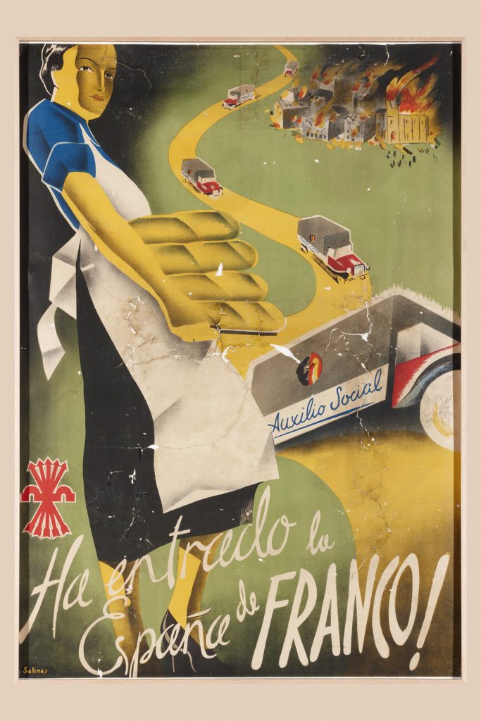 Spanish Civil War Nationalist propaganda poster by Salinas featuring a woman in an apron carrying large loaves of bread. A convoy of 'Auxilio Social' trucks travels a yellow road toward a burning city. Text reads '¡Ha entrado la España de FRANCO!'. Vintage Falange Nationalist wall art by Atelier Root