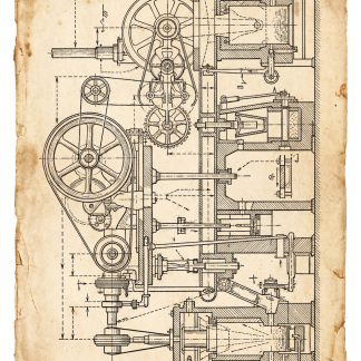 Vintage mechanical engineering schematic printed on aged, yellowed paper, showing detailed technical drawings of gears, pistons, flywheels, and interconnected components in a complex industrial machine.