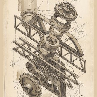 Detailed technical illustration of interlocking gears and mechanical parts arranged in an exploded view, drawn in a vintage blueprint style on aged parchment with geometric annotations and construction lines