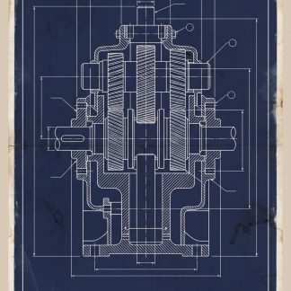 Vintage navy-blue engineering blueprint showing a labeled cross-section diagram of an industrial gear reducer assembly, with white technical linework, dimensions, and schematic details.