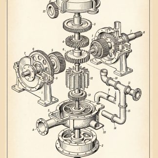Exploded technical illustration of an early steam turbine from the late 19th century, showing gears, rotor assemblies, housings, and pipework components labeled with numbered parts, printed on vintage parchment with a historical engineering style.