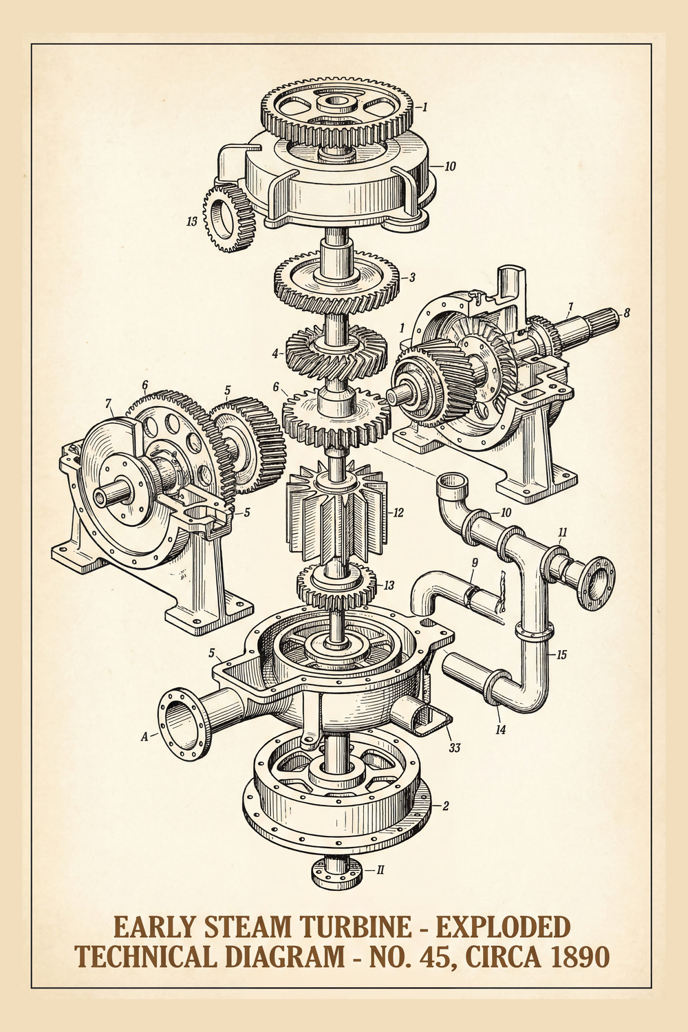 Exploded technical illustration of an early steam turbine from the late 19th century, showing gears, rotor assemblies, housings, and pipework components labeled with numbered parts, printed on vintage parchment with a historical engineering style.