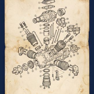Exploded mechanical diagram of an engine assembly with pistons, cylinders, gears, cooling fins, and various numbered components laid out in a detailed breakdown on aged parchment paper, vintage technical blueprint style.