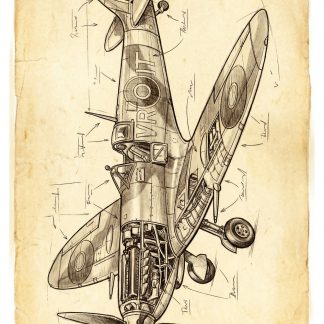Vintage technical cutaway drawing of a WWII fighter aircraft on aged parchment, showing internal engine components, wings, landing gear, fuselage structure, and handwritten annotations around the plane.
