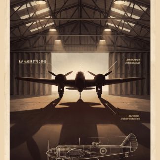 Silhouette of a WWII aircraft inside an RAF Type C hangar, 1942, with dramatic lighting and a technical line drawing cross-section of a Bristol Blenheim bomber displayed below on aged parchment-style background