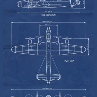 Vintage-style navy blueprint of a WWII Type 42 Heavy Bomber showing side, plan, and front elevation views with dimensions including 102 ft wingspan and labeled Ministry of Aircraft Production Drawing No. A-1944