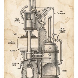 Vintage technical cross-section drawing of an industrial steam press on aged parchment, labeled with components including steam cylinder, platen, lever mechanism, steam valve, industrial slider, and firebox